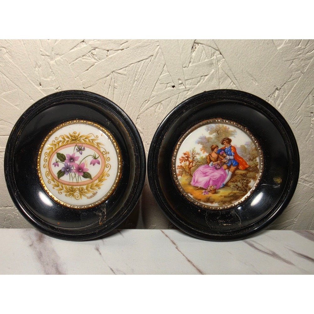 Pair Framed Limoges Style Porcelain Plaques Floral Courting Couple